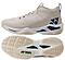 A pair of Yonex Power Cushion GRPHT THRTTL Concept men's badminton shoes in beige with blue accents and logo, featuring a breathable mesh upper, high-traction rubber sole with graphite throttle, and mid-top design; one side and one sole view shown.