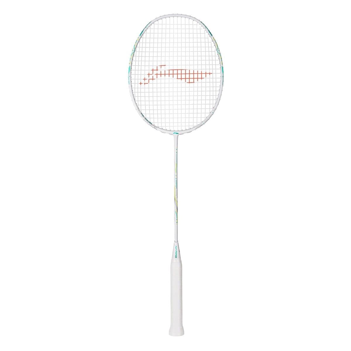 The Li-Ning Axforce 60 4UG6 Badminton Racket in white, featuring FRTP technology, a rounded head, white grip, and orange logo on the stringbed, is displayed against a plain white background.