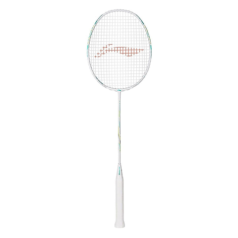 The Li-Ning Axforce 60 4UG6 Badminton Racket in white, featuring FRTP technology, a rounded head, white grip, and orange logo on the stringbed, is displayed against a plain white background.
