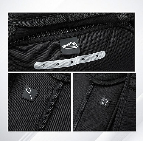Close-up of the Li-Ning Corner 6 Racket Badminton Bag - Black, perfect for badminton players. It features three icons: a ventilated shoe icon, a magnifying glass on a zipper pocket, and a shirt on another compartment, indicating special storage areas.