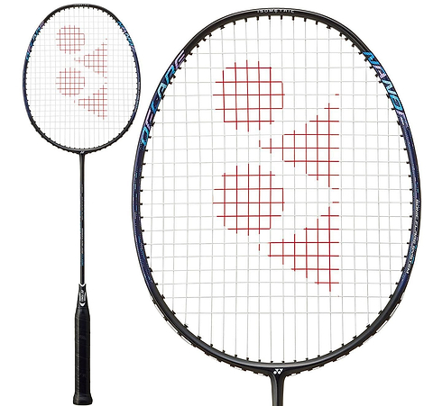 The Yonex Nanoflare 002 Clear 4U Badminton Racket in black/blue features a white string bed and red geometric logo, showcased in full view and close-up to highlight its design—perfect for beginner players.