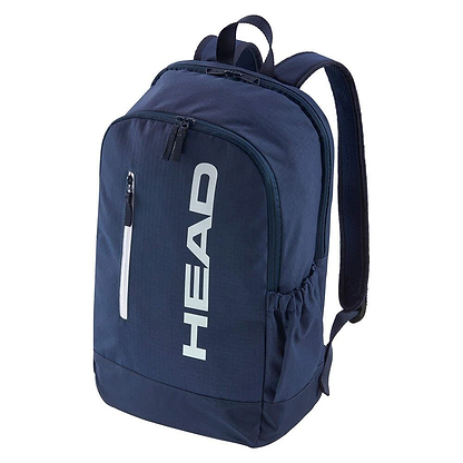 The HEAD BASE Badminton Backpack 17L - Navy features a front zipper pocket, two side pockets, a top handle, padded shoulder straps, updated design, and a vertical white HEAD logo on the front.