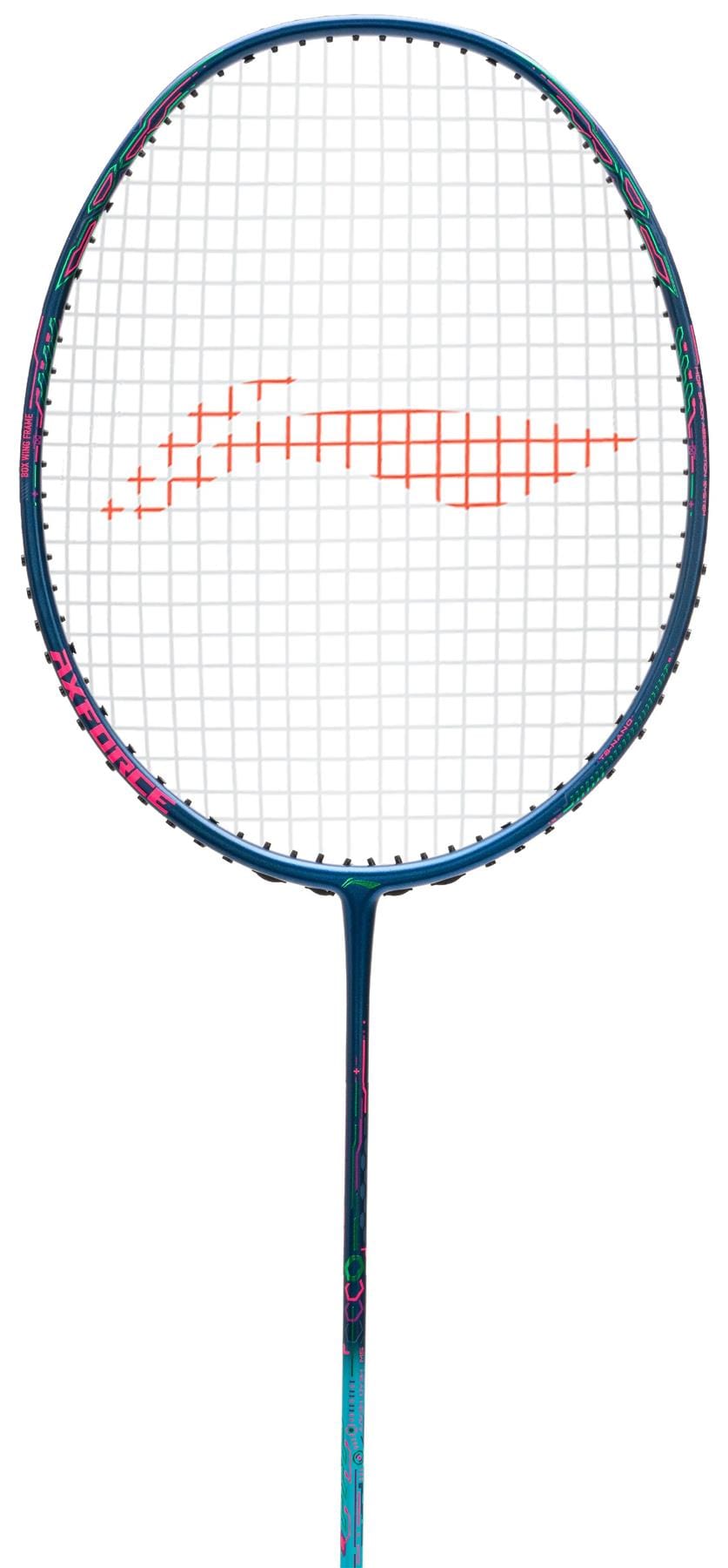 A close-up of the Li-Ning Axforce 50 5U Badminton Racket in dark purple and blue, featuring a blue box wing frame, white strings, and an orange center pattern.