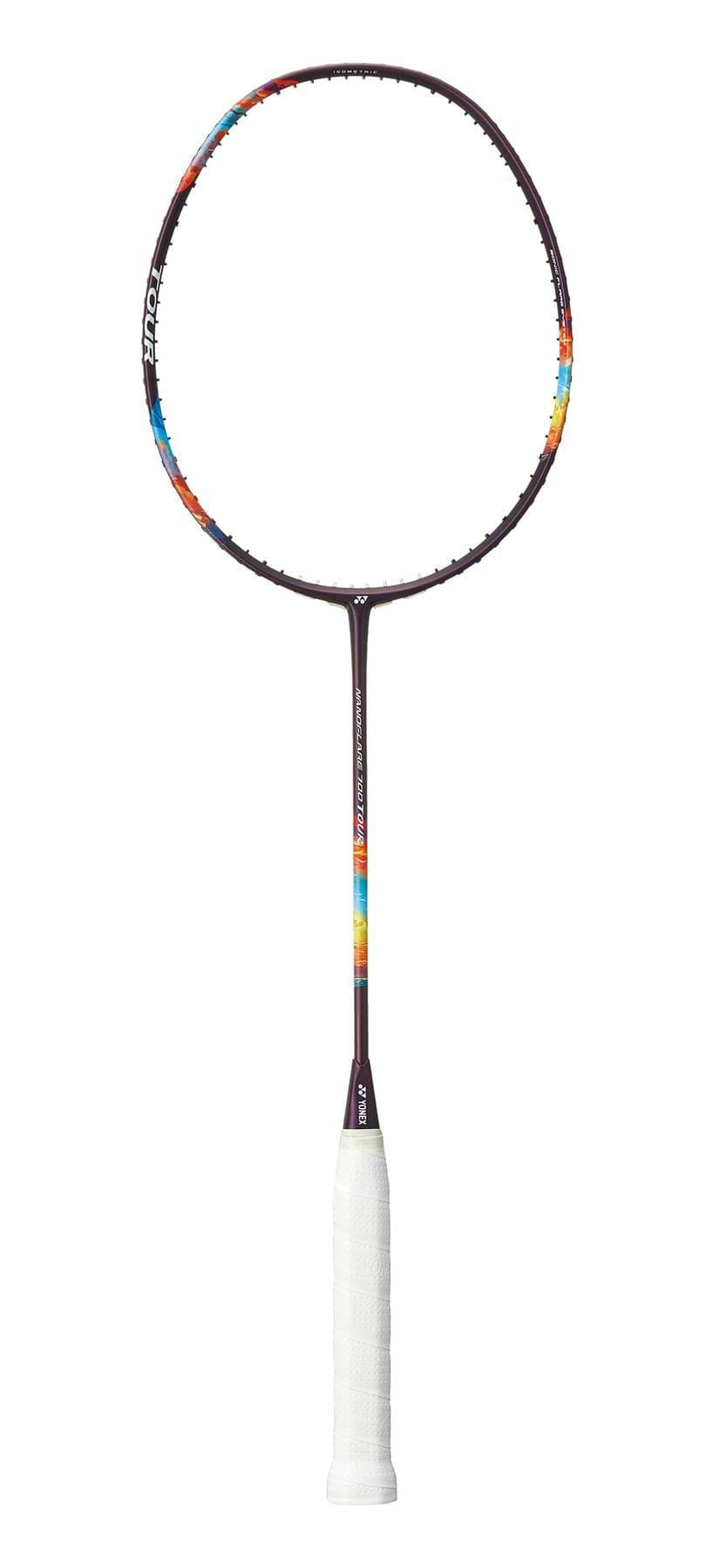 The Yonex Nanoflare 700 Tour 4U Badminton Racket in Midnight Purple features a dark frame with colorful accents and a white grip, shown on a white background—perfect for advanced players.