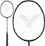The Victor Auraspeed 7100 4U Badminton Racket by Victor features a black design with purple accents, a V-shaped pattern on the white stringing, and a comfortable black grip tape-wrapped handle.