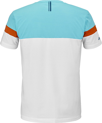 The Babolat Crew Neck Mens Badminton T-Shirt - White by Babolat features a light blue back panel, white lower section, orange sleeve stripes, and two thin vertical navy lines near the collar for a stylish look.