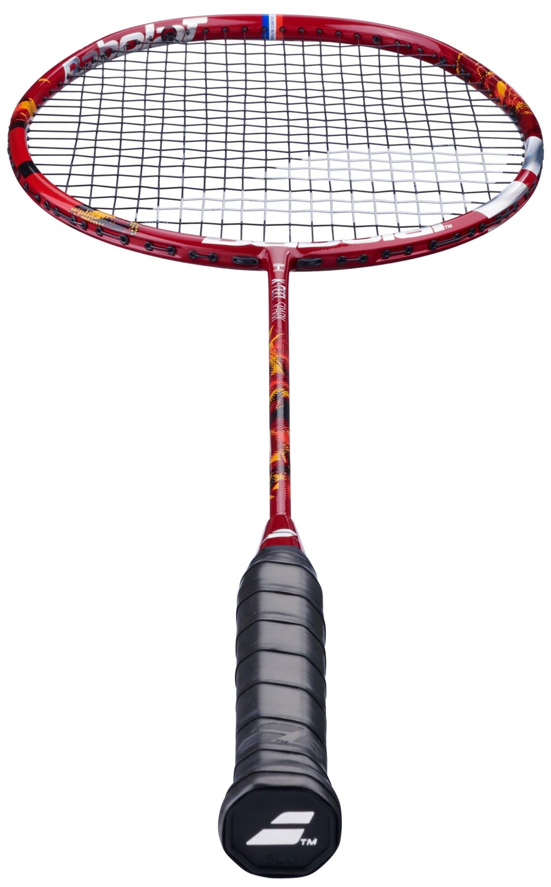 The Babolat X-Feel Spark 2026 3U Badminton Racket in red, with black strings and a black grip, is shown upright and offers impressive power potential for your game.
