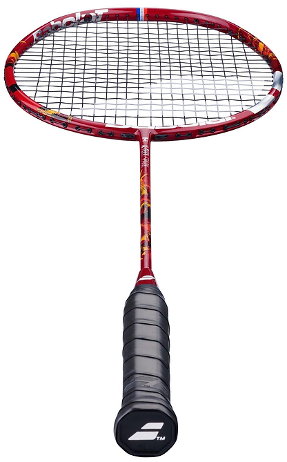 The Babolat X-Feel Spark 2026 3U Badminton Racket in red, with black strings and a black grip, is shown upright and offers impressive power potential for your game.