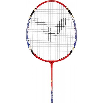 The Victor ST-1650 Badminton Racket by Victor boasts a vibrant red frame with blue and white accents, making it perfect for beginners. Its strings display an intricate symbol at the center, complemented by colorful graphics along the shaft, all elegantly contrasted against a pristine white background.