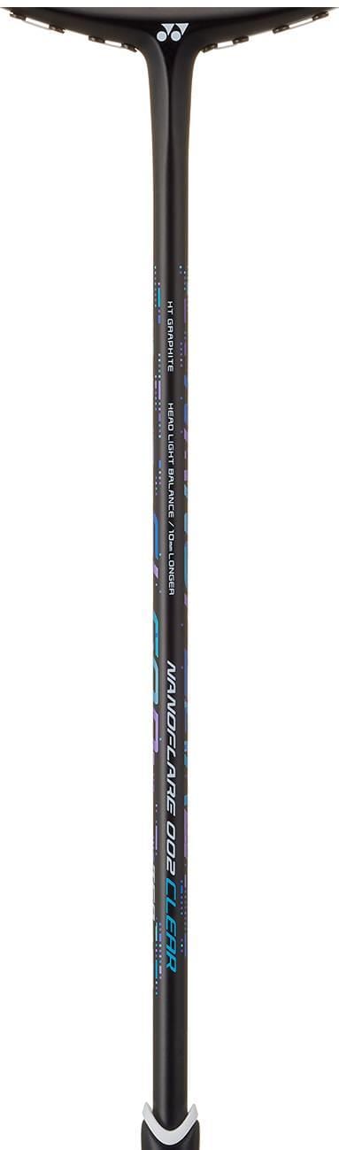 A close-up of the Yonex Nanoflare 002 Clear 4U Badminton Racket shaft in black/blue shows the Yonex logo and product name on a sleek black background with blue accents.
