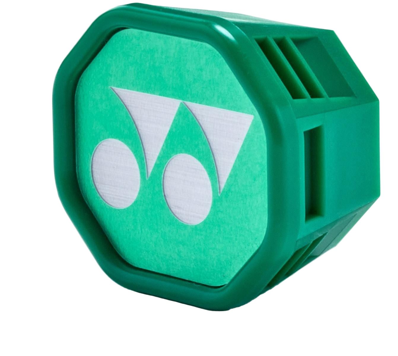 A green plastic Yonex vibration dampener with a white logo, shown on a white surface, designed for use with the Yonex Astrox 99 Pro Badminton Racket - Black / Green featuring the Rotational Generator System.