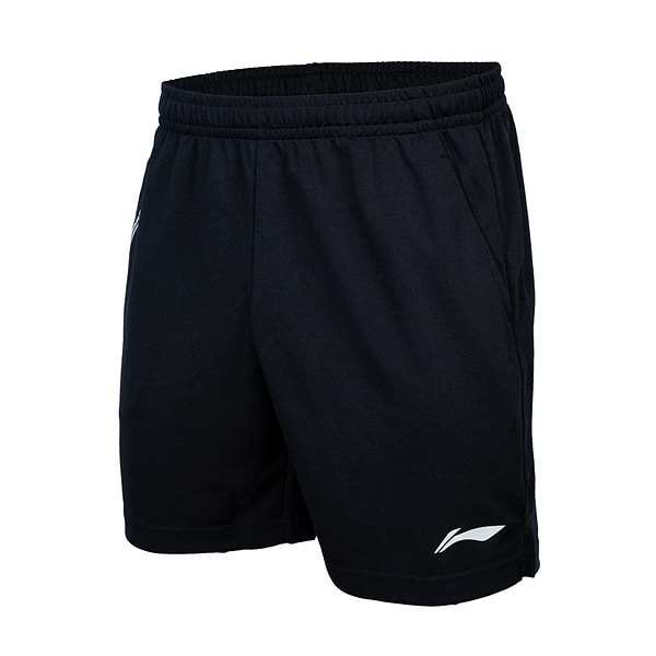 Li-Ning Simple Men's Badminton Shorts in black feature an elastic waistband, a small white logo near the hem, pockets on each side, and lightweight AT DRY Technology—ideal for sportswear and activities.