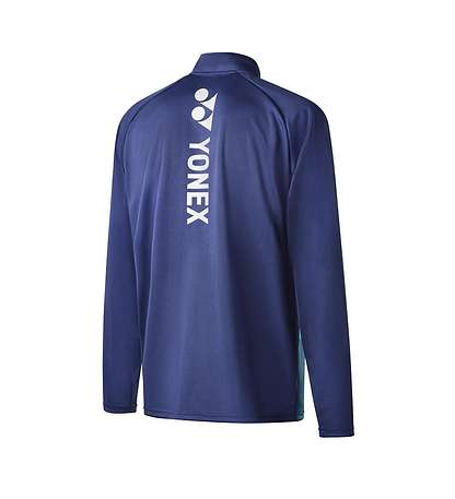 Back view of the Yonex YML123 Unisex Badminton Zip Midlayer, featuring anti-snag fabric. This navy blue midlayer boasts long sleeves, with Yonex's iconic logo and name printed vertically in white on the back.