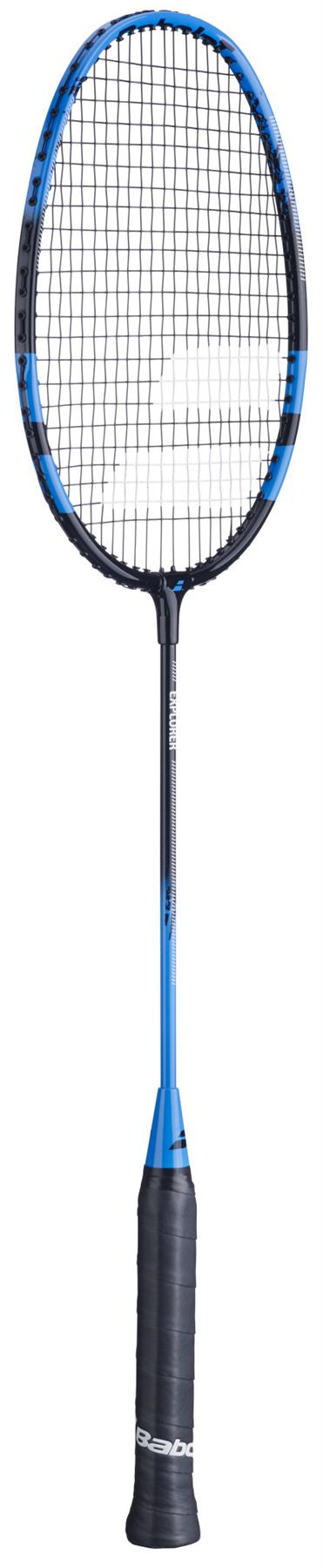 The Babolat Explorer 2026 Badminton Racket by Babolat features a blue and black design with a black grip and tightly strung netting, ideal for beginners seeking easy power generation, shown on a white background.