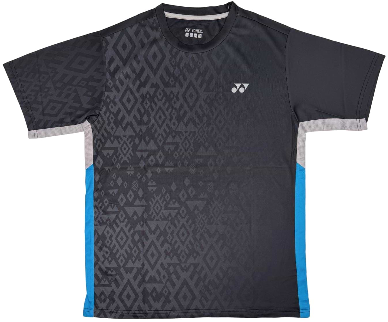 The Yonex YTM11 Mens Badminton T-Shirt in black features a dark geometric pattern, light gray side panels, blue accents, and a white logo. Made with quick-dry Air-Release fabric by Yonex for lasting court comfort.