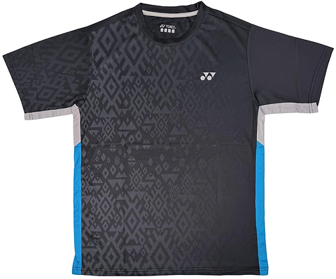 The Yonex YTM11 Mens Badminton T-Shirt in black features a dark geometric pattern, light gray side panels, blue accents, and a white logo. Made with quick-dry Air-Release fabric by Yonex for lasting court comfort.