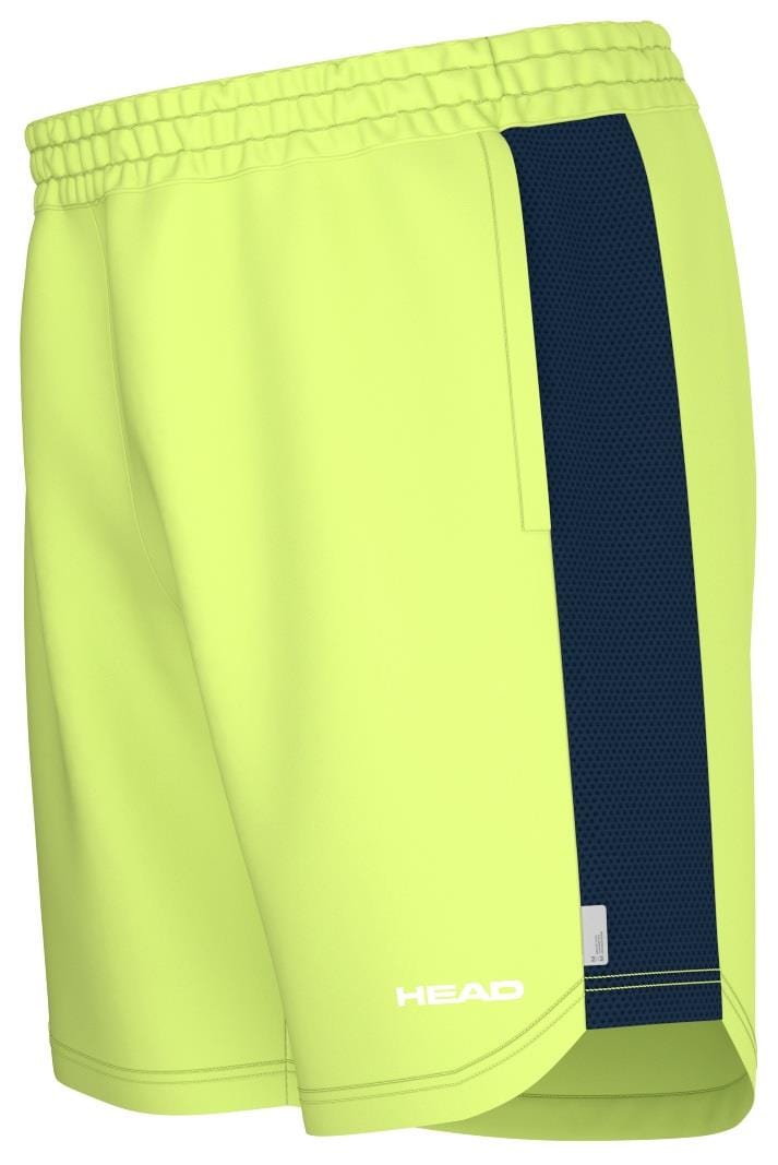 HEAD Power Men's Badminton Shorts - LL feature bright yellow with a black side panel, elastic waistband, and moisture transfer technology. The 4-way stretch ensures comfort and performance, with the "HEAD" brand name printed in white at the bottom left.