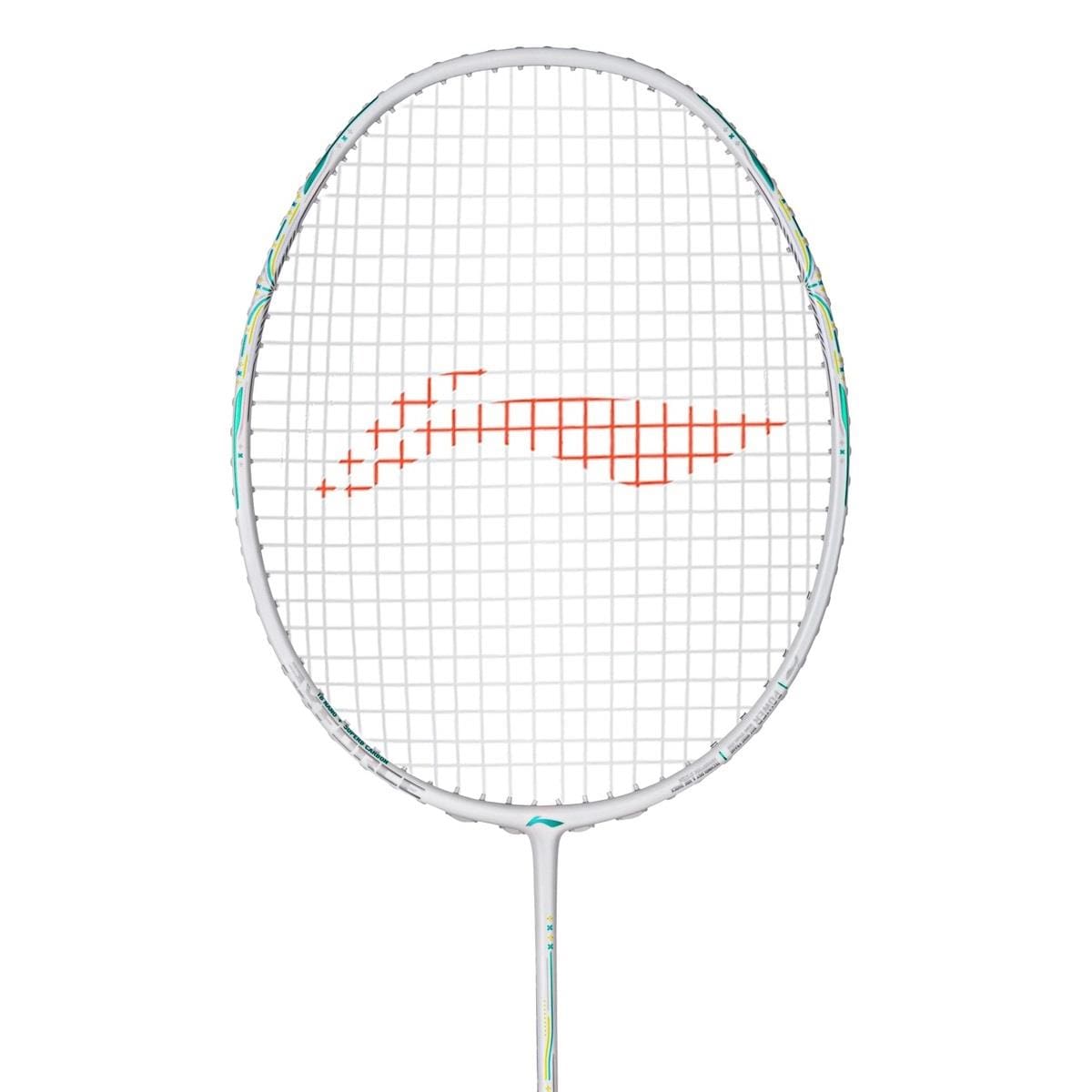 A close-up of the Li-Ning Axforce 60 4UG5 Badminton Racket - White highlights its white frame, distinctive red string pattern, and advanced FRTP technology for superior performance.