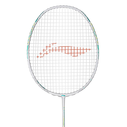 A close-up of the Li-Ning Axforce 60 4UG5 Badminton Racket - White highlights its white frame, distinctive red string pattern, and advanced FRTP technology for superior performance.