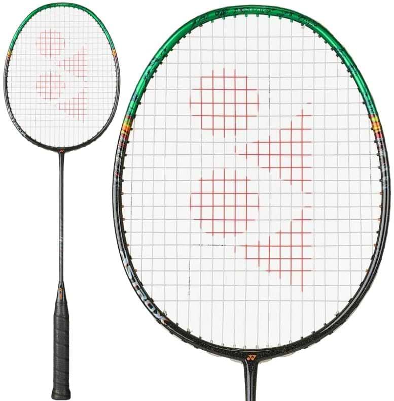 The Yonex Astrox 99 Pro Badminton Racket - Black / Green features a slim shaft, oval head, white string bed with a red Yonex logo, and uses the Rotational Generator System for enhanced control.