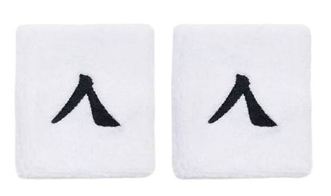 The Kanso 7cm Wristband 2 Pack in white, made from absorbent fabric, showcases a minimalist black abstract "A" logo on each band. They are displayed side by side on a plain white background.