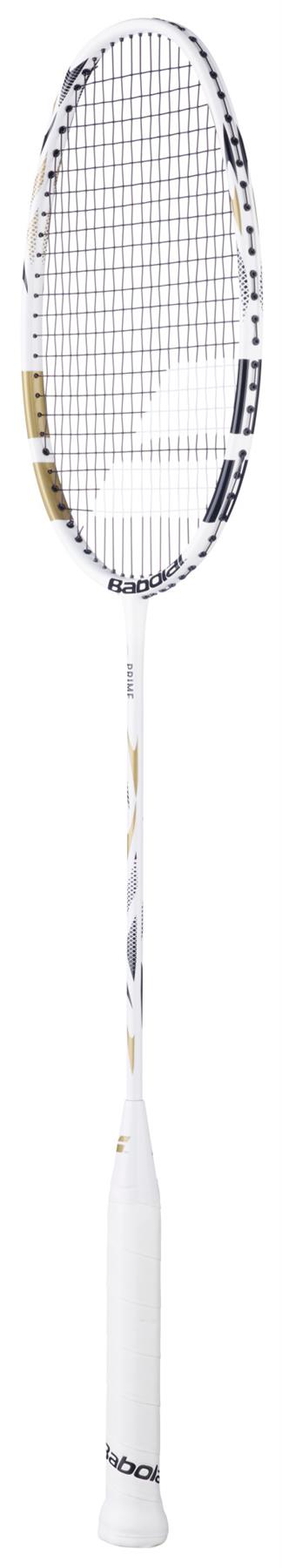 The Babolat Prime 2026 Badminton Racket in white and gold, featuring black strings and a white grip, is shown on a plain white background—a perfect lightweight choice for beginner players.