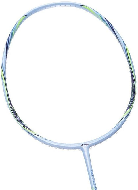 A close-up of the Li-Ning BladeX 73-Light 6U Badminton Racket - Flower Blue, a head-light model by Li-Ning, featuring blue and green accents on the head and shaft against a white background.