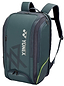 The Yonex 02512 Viktor Axelsen VA Expert Badminton Backpack in steel grey features multiple zippered compartments, side pockets, padded shoulder straps, and the Yonex logo. Perfect as a tournament badminton bag.