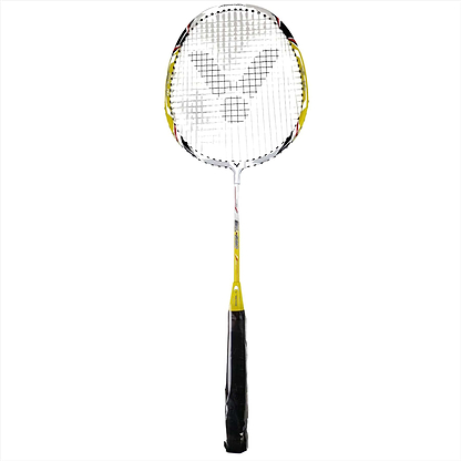 The Victor AL580 Junior Badminton Racket, in a striking white and yellow design, is ideal for educational-level players seeking durability and performance.