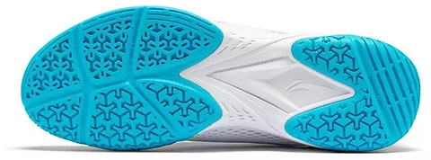 Close-up of the Li-Ning Almighty V2.0 Unisex Badminton Shoes sole, showing a white midsection and blue geometric tread for traction and flexibility. Brand: Li-Ning. Color: White/Blue.