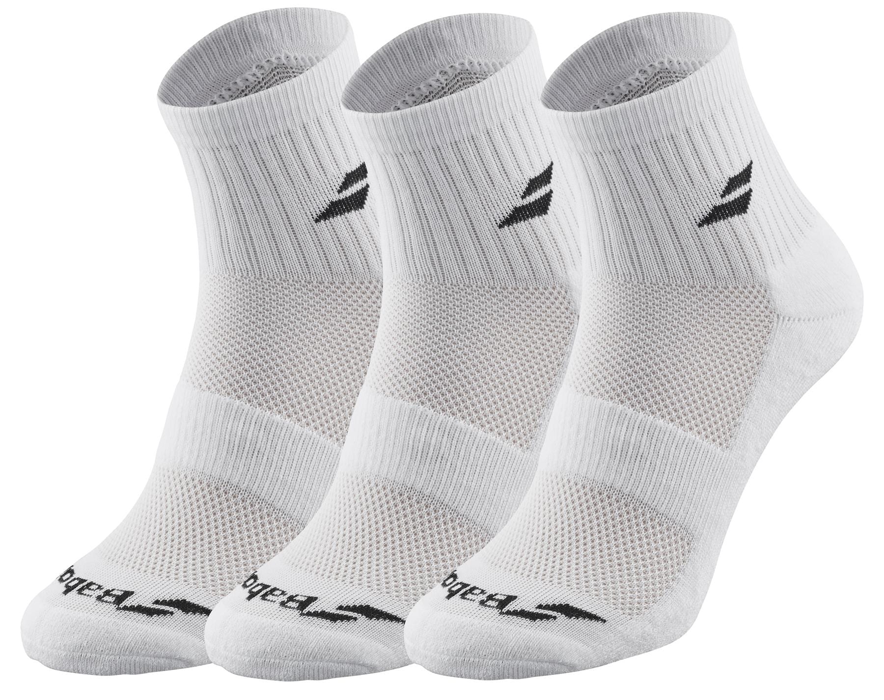 Three pairs of Babolat Quarter Badminton Socks in white are displayed side by side, each featuring a black logo and mesh detailing. These socks offer ventilated zones for enhanced comfort and support during your game.