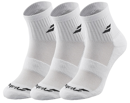 Three pairs of Babolat Quarter Badminton Socks in white are displayed side by side, each featuring a black logo and mesh detailing. These socks offer ventilated zones for enhanced comfort and support during your game.