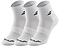 Three pairs of Babolat Quarter Badminton Socks in white are displayed side by side, each featuring a black logo and mesh detailing. These socks offer ventilated zones for enhanced comfort and support during your game.