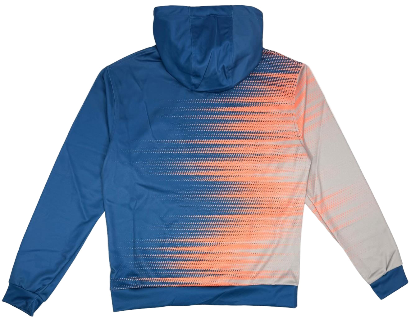 The Yonex YHD2025 Unisex Badminton Hoodie - Sunset is a blue Poly-Tech Knit hoodie with a Quick-Dry feel, featuring an orange and light gray gradient dot pattern stylishly flowing from the back left side to the right sleeve.