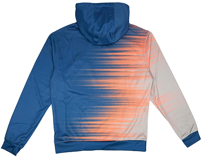 The Yonex YHD2025 Unisex Badminton Hoodie - Sunset is a blue Poly-Tech Knit hoodie with a Quick-Dry feel, featuring an orange and light gray gradient dot pattern stylishly flowing from the back left side to the right sleeve.