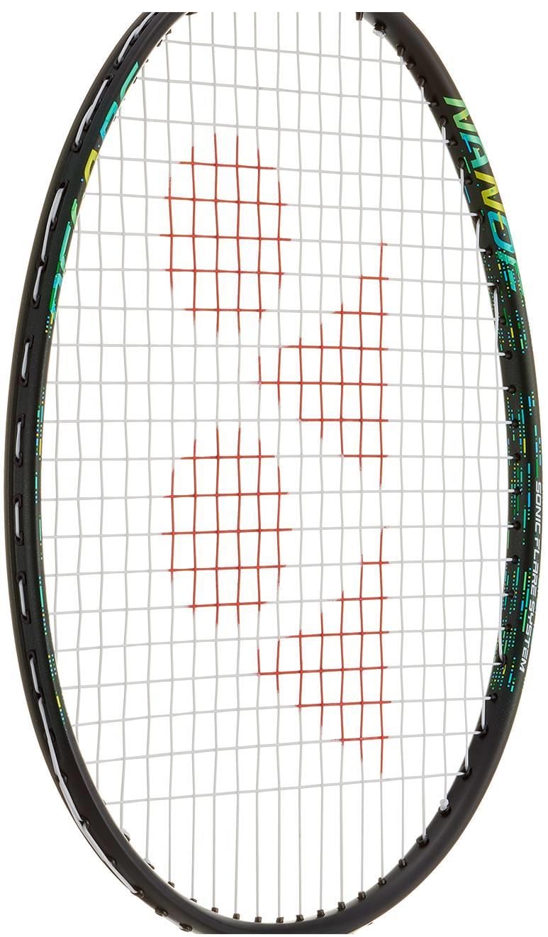 A close-up of the Yonex Nanoflare 002 Feel 4U Badminton Racket in Black/Green, featuring white strings with a red logo at the center and colorful accents on its head light balance frame.