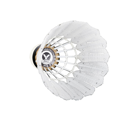 A close-up of a Victor New Carbonsonic PRO NCS Badminton Shuttlecock from Victor, featuring the "CARBONSONIC PRO" label on its cork base, isolated on a white background. Set of 12 shuttles.