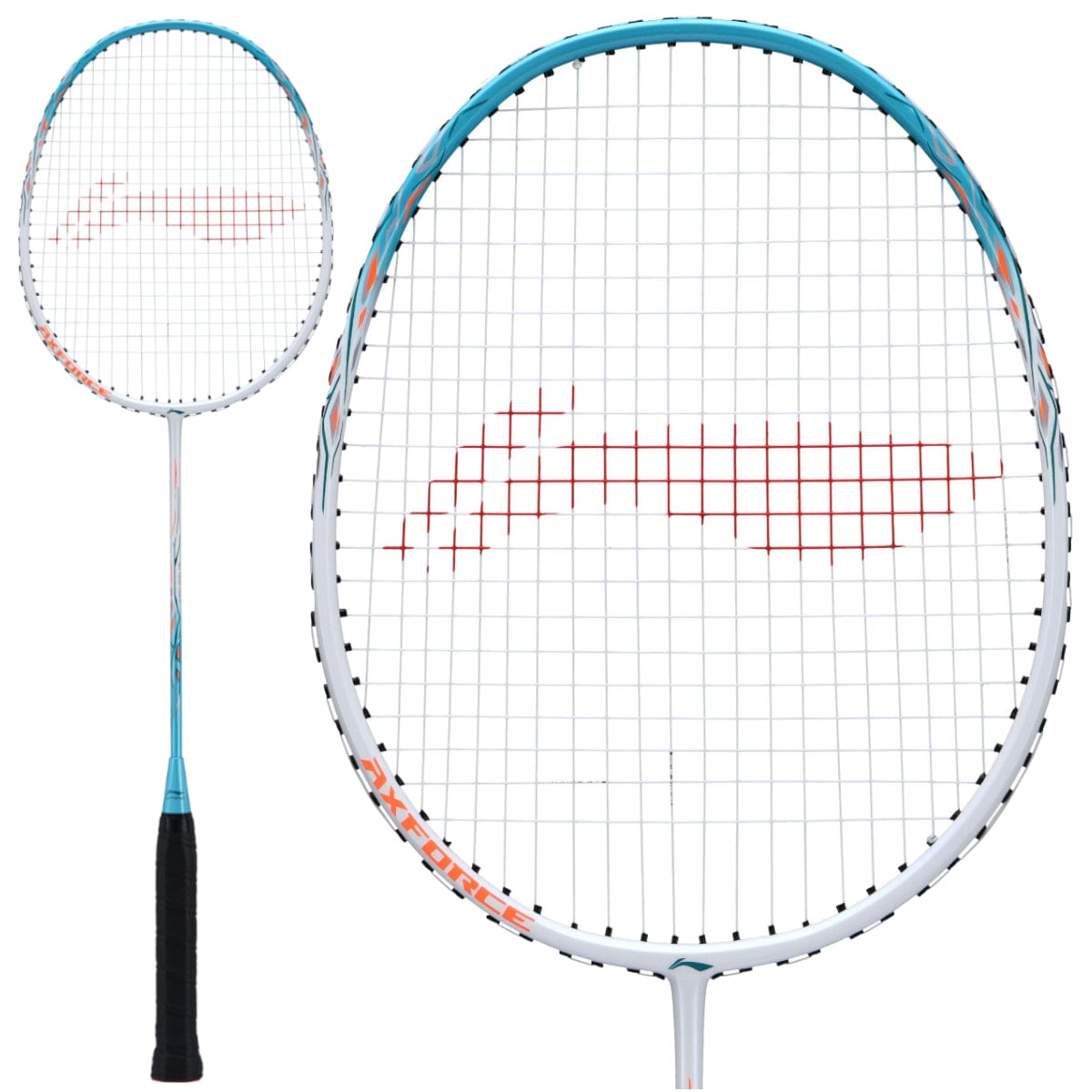 The **Li-Ning Axforce 9 Badminton Racket - White / Blue** by **Li-Ning** boasts a blue frame complemented by white strings and a striking red logo pattern. The handle is wrapped in black grip tape for a secure grip. A full view of the racket, along with a detailed close-up of the head, showcases its innovative Aero Tec-Beam System design.