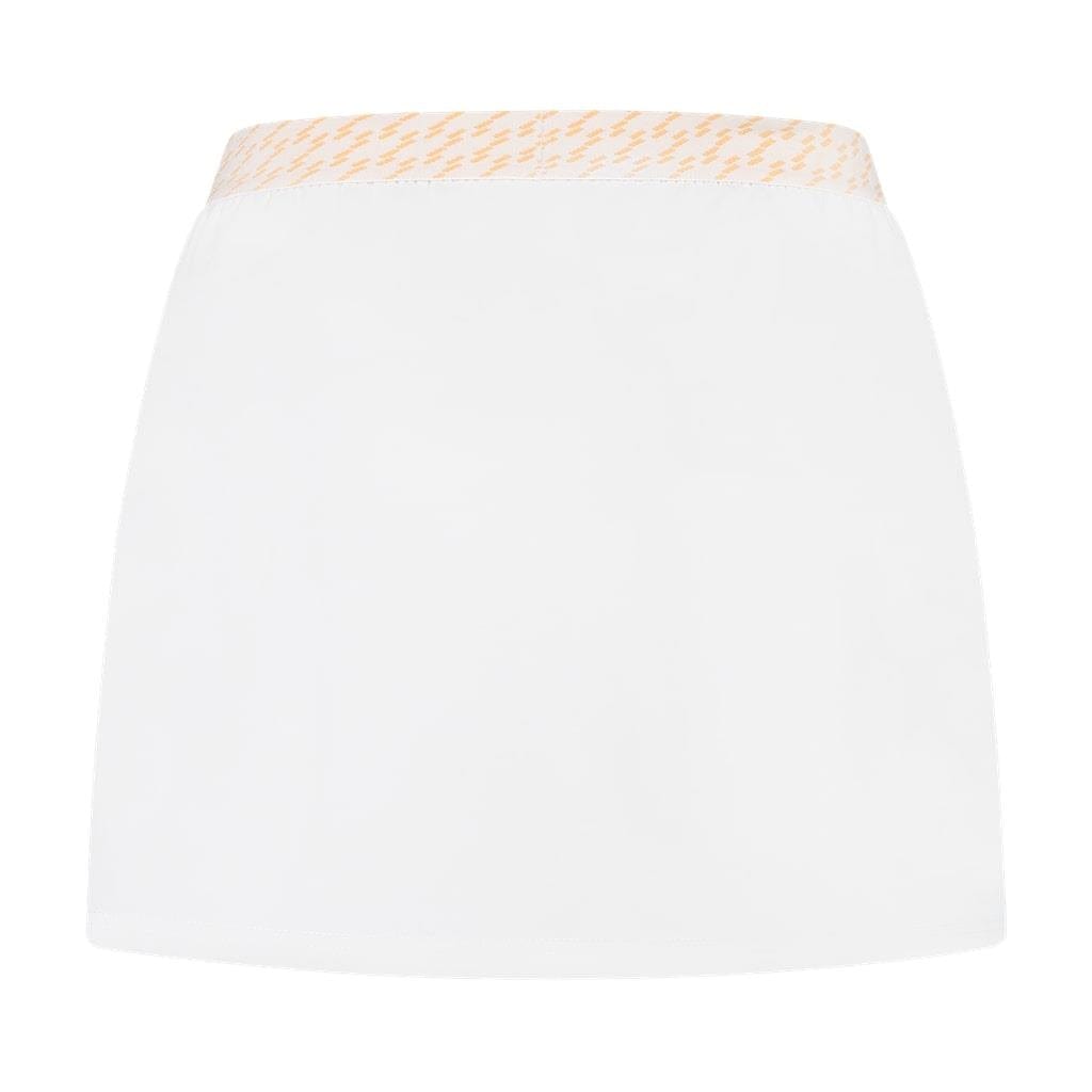 The K-Swiss Hypercourt Women's Badminton Skirt 5 in white showcases a mini design with a light yellow patterned waistband, complete with an integrated legging short, providing 4-Way Density Stretch for maximum comfort.
