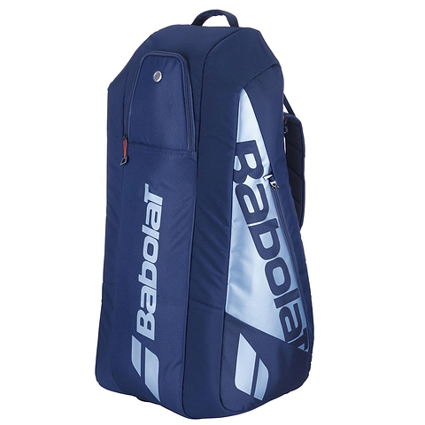 The navy blue Babolat RH6 Pure Drive Gen11 Badminton Bag holds multiple rackets and offers several compartments for convenience. Made from recycled polyester, it features the Babolat logo prominently in white on the side and has a top grab handle for easy carrying.