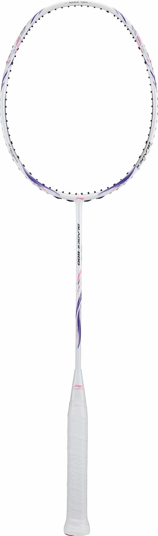 The Li-Ning BladeX 600 5U Badminton Racket in white features purple and pink accents, a wrapped handle, no visible strings, and Sharp Wind Technology with an Ultra Carbon Build, shown vertically against a white background.