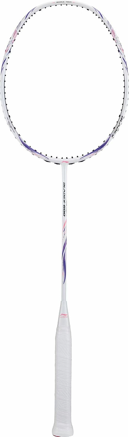 The Li-Ning BladeX 600 5U Badminton Racket in white features purple and pink accents, a wrapped handle, no visible strings, and Sharp Wind Technology with an Ultra Carbon Build, shown vertically against a white background.