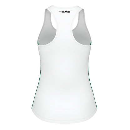 Introducing the HEAD Spirit Women's Badminton Tank Top in white by HEAD, a stylish piece with green side stripes and a racerback design. This tank top features "HEAD" printed on the upper back and is made from Moisture Transfer Microfibre, making it an excellent choice for both athletic activities and casual wear due to its lightweight comfort.
