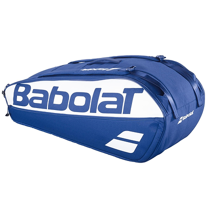 The Babolat Court L 9 Racket Badminton Bag in dark blue features the Babolat logo, multiple zippers, and handles—perfect for carrying your gear to any match.