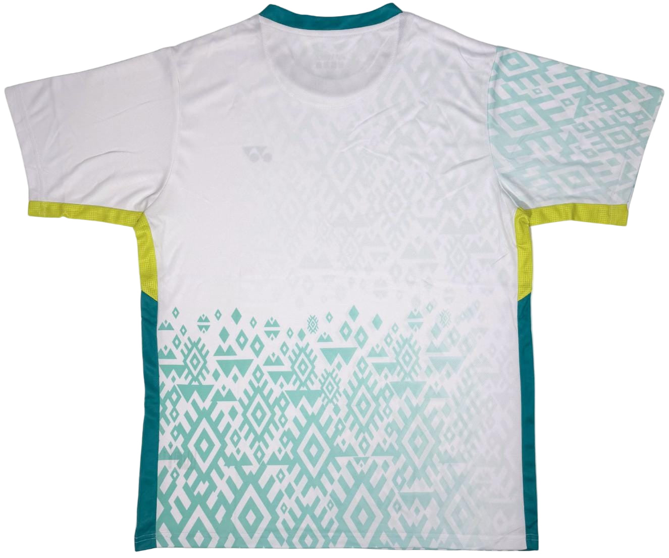 The Yonex YTM11 Men's Badminton T-Shirt in white by Yonex features teal geometric patterns, yellow accents, and teal trim, made from breathable Air-Release fabric for comfort on the court.