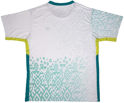 The Yonex YTM11 Men's Badminton T-Shirt in white by Yonex features teal geometric patterns, yellow accents, and teal trim, made from breathable Air-Release fabric for comfort on the court.