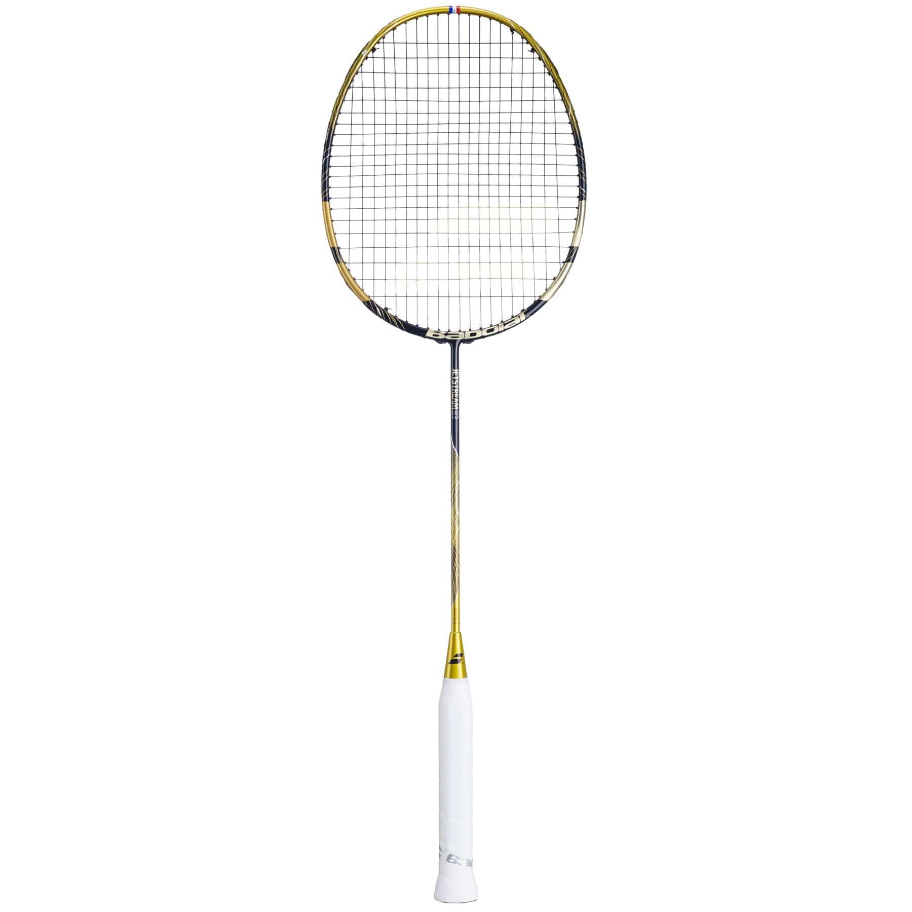 The Babolat Jetstream 83 4U badminton racket, featuring a gold and black design with a sleek metallic shaft and white grip, is photographed against a white backdrop. It combines style and performance for enhanced maneuverability.