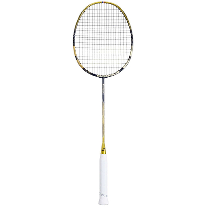 The Babolat Jetstream 83 4U badminton racket, featuring a gold and black design with a sleek metallic shaft and white grip, is photographed against a white backdrop. It combines style and performance for enhanced maneuverability.
