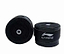 Two black Li-Ning Badminton Overgrips are displayed, with one positioned upright and the other lying flat. Both feature the Li-Ning logo and name in white print. These absorbent grips are rolled, super tacky, and ready for use.