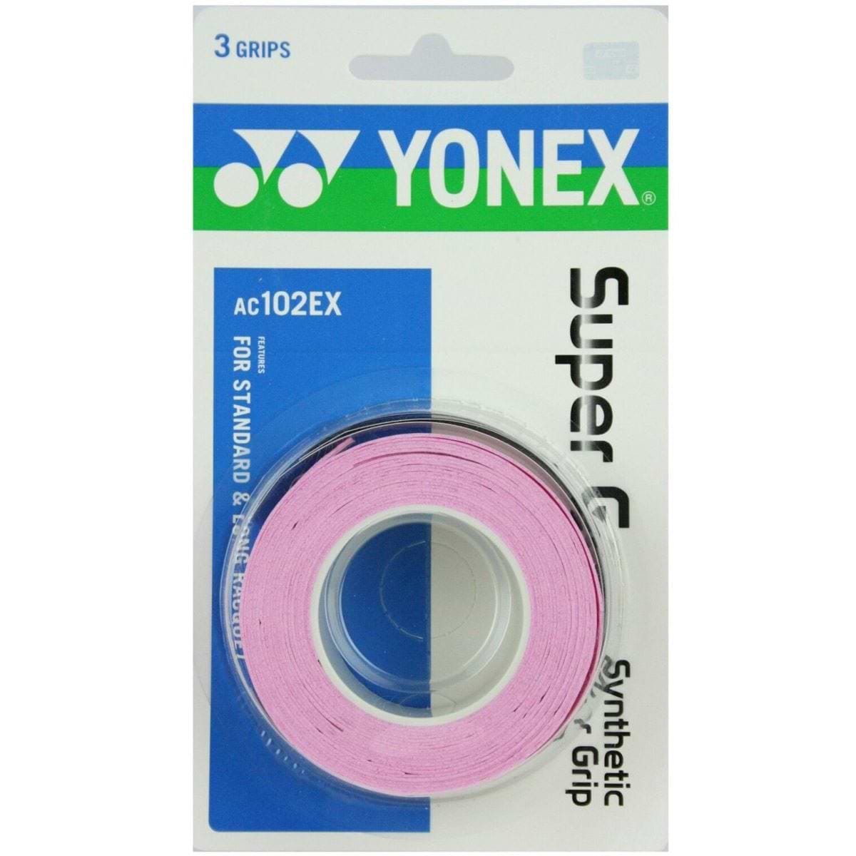 The Yonex AC102EX Super Grap Badminton Overgrip 3 Pack in pink offers reliable sweat absorption and comfort. Each pack includes 3 grips with Yonex branding, ensuring top performance during play.